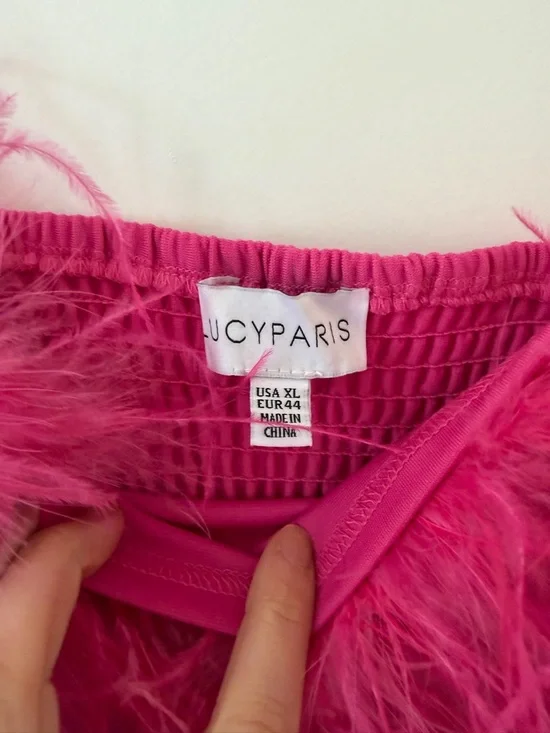 Lucy Paris Hot Pink Feather Trim Crop Top - Picture 2 of 3